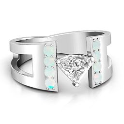 Contemporary Cutout Ring With Accents in 925 Sterling Silver with White Premium Zirconia and Opal