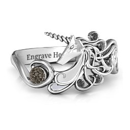 Rainbow Unicorn Ring in 925 Sterling Silver with Smokey Quartz and Black Premium Zirconia