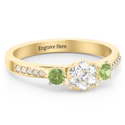 Trinity Cluster Ring with Birthstones and Accents in 18K Gold Plated Silver with White Premium Zirconia, Peridot, and Fancy Yellow Premium Zirconia