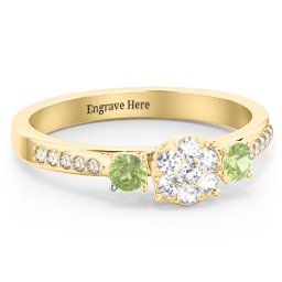 Trinity Cluster Ring with Birthstones and Accents in 18K Gold Plated Silver with White Premium Zirconia, Peridot, and Fancy Yellow Premium Zirconia