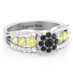 Andromeda Round Cluster Ring in 925 Sterling Silver with Black Premium Zirconia, Citrine, and White Premium Zirconia