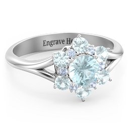 Aurora Round Cluster Ring with Birthstones in 925 Sterling Silver with Aquamarine and Fancy Blue Premium Zirconia
