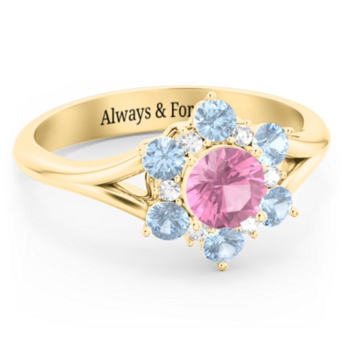 Aurora Round Cluster Ring with Birthstones – 10K Yellow Gold with Pink Tourmaline, Blue Topaz, and White Premium Zirconia