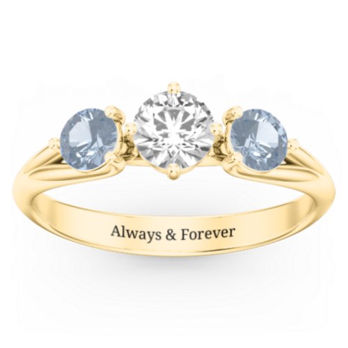Orion’s Belt Three Stone Round Brilliant Cut Ring – 14K Yellow Gold with Cubic Zirconia and Aquamarine