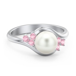 7mm Freshwater Pearl Wave Ring with Accents in 925 Sterling Silver with Pink Tourmaline and Freshwater Pearl