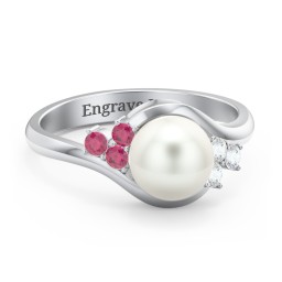 7mm Freshwater Pearl Wave Ring with Accents in 925 Sterling Silver with Freshwater Pearl, Ruby, and Cubic Zirconia
