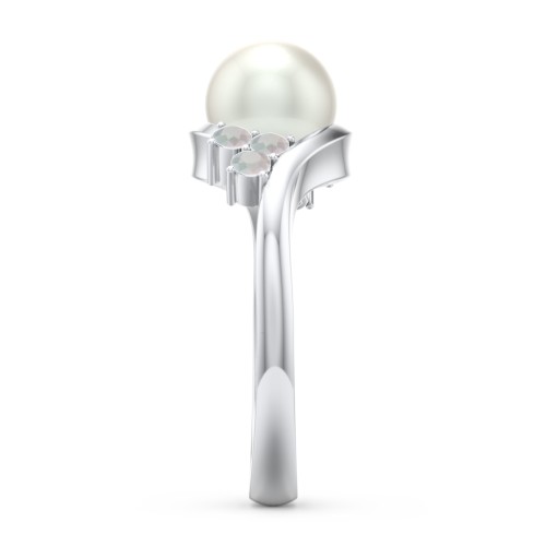 7mm Freshwater Pearl Wave Ring with Accents – Sterling Silver with Freshwater Pearl and Opal