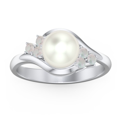 7mm Freshwater Pearl Wave Ring with Accents – Sterling Silver with Freshwater Pearl and Opal