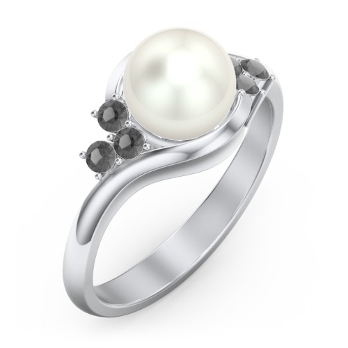 7mm Freshwater Pearl Wave Ring with Accents – 10K White Gold with Freshwater Pearl and Black Premium Zirconia