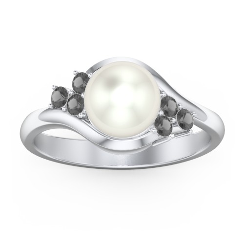 7mm Freshwater Pearl Wave Ring with Accents – 10K White Gold with Freshwater Pearl and Black Premium Zirconia