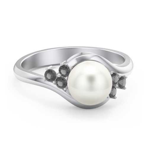 7mm Freshwater Pearl Wave Ring with Accents – 10K White Gold with Freshwater Pearl and Black Premium Zirconia
