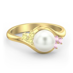 7mm Freshwater Pearl Wave Ring with Accents in 10K Solid Yellow Gold with Freshwater Pearl, Citrine, and Pink Tourmaline