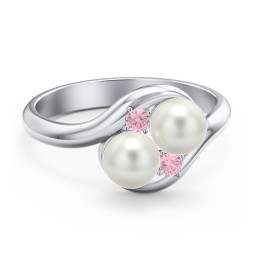 Twin 5mm Freshwater Pearl Ring with Accents in 925 Sterling Silver with Pink Tourmaline and Freshwater Pearl