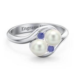 Twin 5mm Freshwater Pearl Ring with Accents in 925 Sterling Silver with Blue Sapphire and Freshwater Pearl