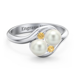 Twin 5mm Freshwater Pearl Ring with Accents in 925 Sterling Silver with Freshwater Pearl and Citrine