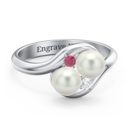Twin 5mm Freshwater Pearl Ring with Accents in 925 Sterling Silver with Freshwater Pearl, Ruby, and Cubic Zirconia