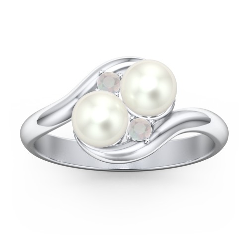Twin 5mm Freshwater Pearl Ring with Accents – Sterling Silver with Freshwater Pearl and Opal