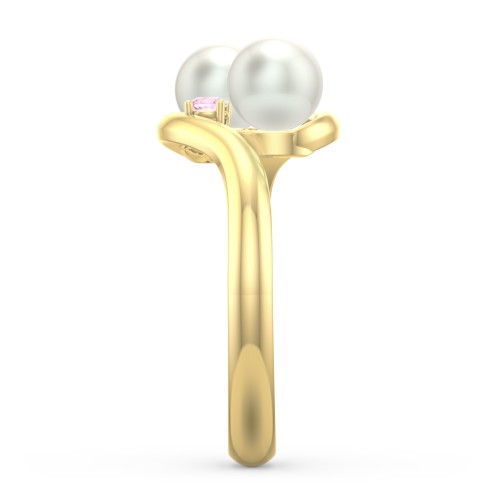 Twin 5mm Freshwater Pearl Ring with Accents – 10K Yellow Gold with Peridot, Pink Tourmaline, and Freshwater Pearl