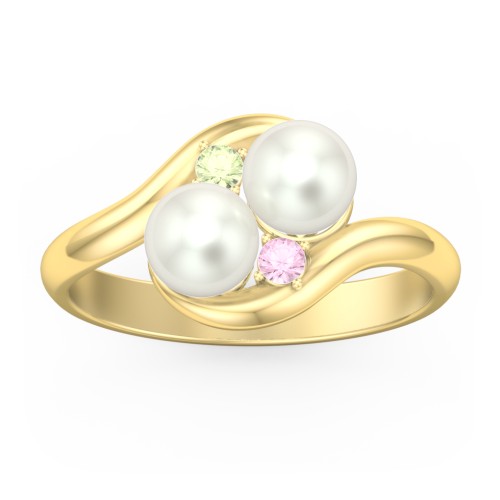 Twin 5mm Freshwater Pearl Ring with Accents – 10K Yellow Gold with Peridot, Pink Tourmaline, and Freshwater Pearl