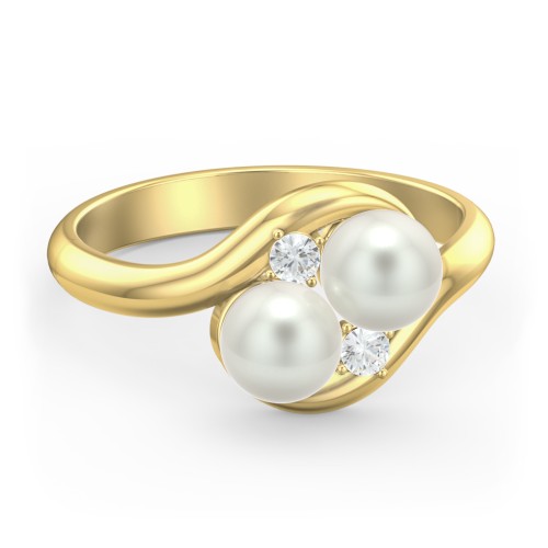Twin 5mm Freshwater Pearl Ring with Accents – 10K Yellow Gold with Freshwater Pearl and Cubic Zirconia