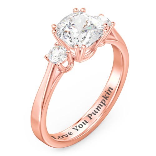 3 Stone Cushion Cut Duchess Ring – 10K Rose Gold with White Premium Zirconia and Cubic Zirconia