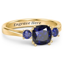 3 Stone Cushion Cut Duchess Ring in 18K Gold Plated Silver with Blue Sapphire