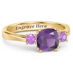 3 Stone Cushion Cut Duchess Ring in 18K Gold Plated Silver with Amethyst