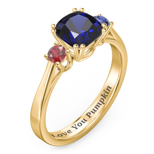 3 Stone Cushion Cut Duchess Ring – 18K Gold Plated Silver with Blue Sapphire and Garnet