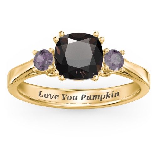 3 Stone Cushion Cut Duchess Ring – 18K Gold Plated Silver with Smokey Quartz and Alexandrite