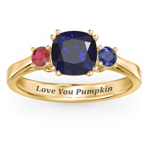 3 Stone Cushion Cut Duchess Ring – 18K Gold Plated Silver with Blue Sapphire and Garnet
