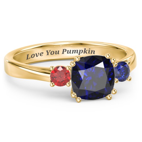 3 Stone Cushion Cut Duchess Ring – 18K Gold Plated Silver with Blue Sapphire and Garnet