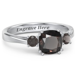3 Stone Cushion Cut Duchess Ring in 925 Sterling Silver with Smokey Quartz