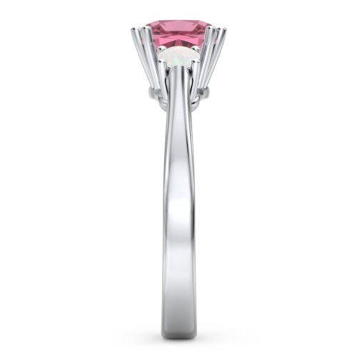 3 Stone Cushion Cut Duchess Ring – Sterling Silver with Pink Tourmaline and Opal