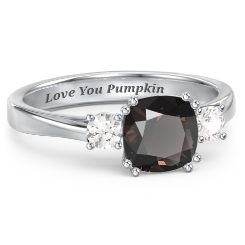 3 Stone Cushion Cut Duchess Ring – Sterling Silver with Smokey Quartz and Cubic Zirconia