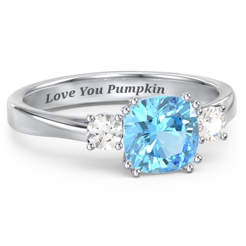 3 Stone Cushion Cut Duchess Ring – Sterling Silver with Blue Topaz and Cubic Zirconia
