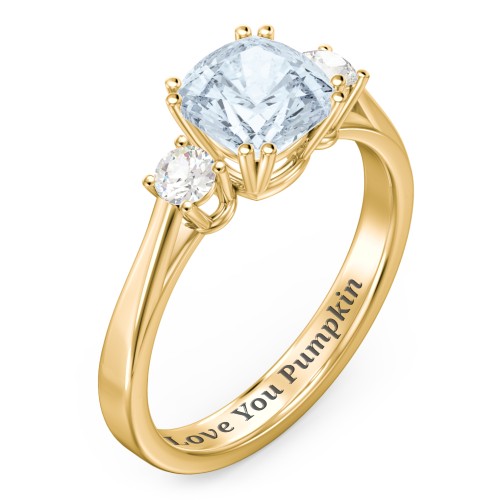 3 Stone Cushion Cut Duchess Ring – 10K Yellow Gold with Aquamarine and Cubic Zirconia