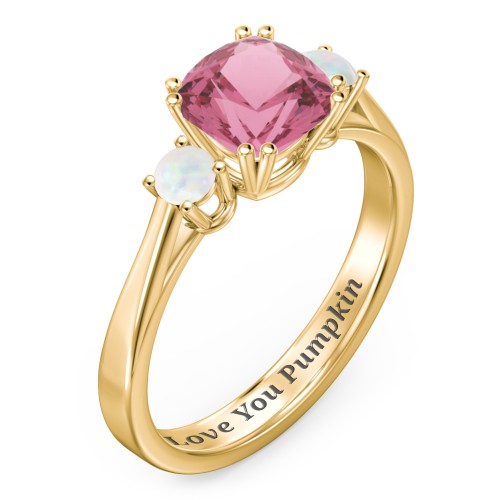 3 Stone Cushion Cut Duchess Ring – 10K Yellow Gold with Pink Tourmaline and Opal
