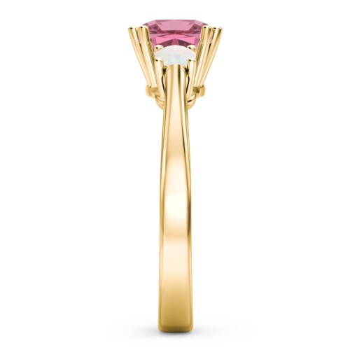 3 Stone Cushion Cut Duchess Ring – 10K Yellow Gold with Pink Tourmaline and Opal