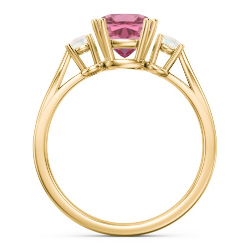3 Stone Cushion Cut Duchess Ring – 10K Yellow Gold with Pink Tourmaline and Opal