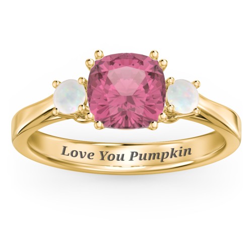 3 Stone Cushion Cut Duchess Ring – 10K Yellow Gold with Pink Tourmaline and Opal