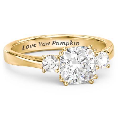 3 Stone Cushion Cut Duchess Ring – 10K Yellow Gold with White Premium Zirconia and Cubic Zirconia