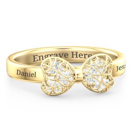 Adorable Bow Cage Ring in 10K Solid Yellow Gold with Cubic Zirconia