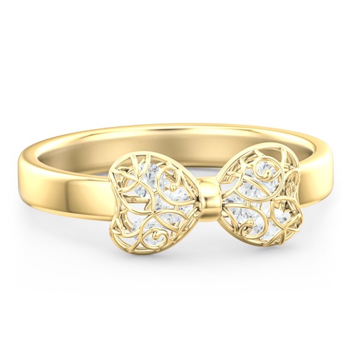 Adorable Bow Cage Ring – 10K Yellow Gold with Cubic Zirconia
