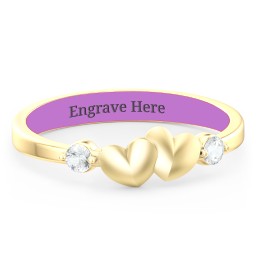 Heart-to-Heart Ring with Accent Stones in 10K Solid Yellow Gold with Cubic Zirconia