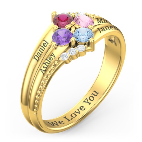 Engravable Triple Band Gemstone
Ring with Accents – 10K Yellow Gold with Ruby, Amethyst, Pink Tourmaline, Blue Topaz, and White Premium Zirconia