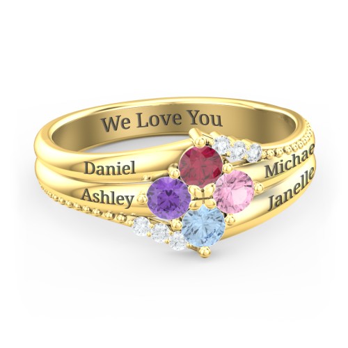 Engravable Triple Band Gemstone
Ring with Accents – 10K Yellow Gold with Ruby, Amethyst, Pink Tourmaline, Blue Topaz, and White Premium Zirconia
