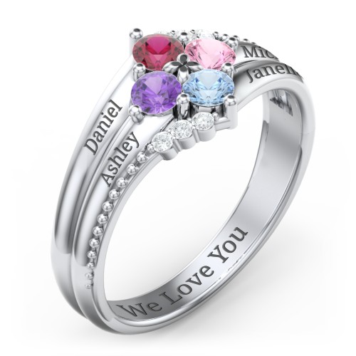 Engravable Triple Band Gemstone
Ring with Accents – Sterling Silver with Ruby, Amethyst, Pink Tourmaline, Blue Topaz, and White Premium Zirconia