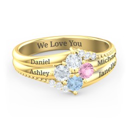 Engravable Triple Band Gemstone
Ring with Accents in 10K Solid Yellow Gold with Diamond, Pink Tourmaline, Blue Topaz, and White Premium Zirconia