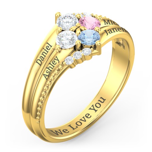 Engravable Triple Band Gemstone
Ring with Accents – 10K Yellow Gold with Diamond, Pink Tourmaline, Blue Topaz, and White Premium Zirconia