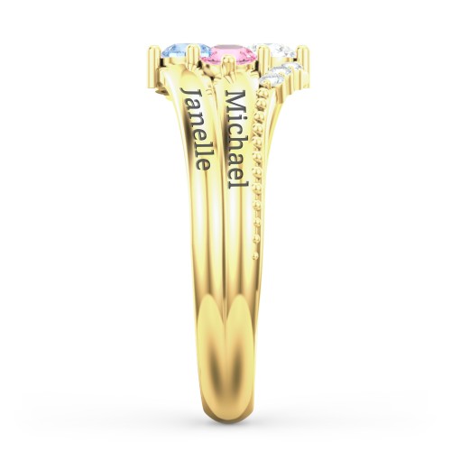 Engravable Triple Band Gemstone
Ring with Accents – 10K Yellow Gold with Diamond, Pink Tourmaline, Blue Topaz, and White Premium Zirconia